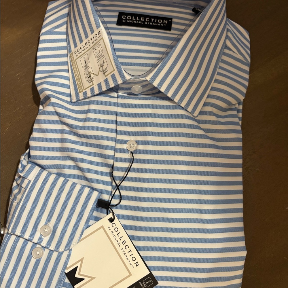 Men’s Michael Strahan Blue & White Stripe Dress Shirt Sz L 16-16 1/2